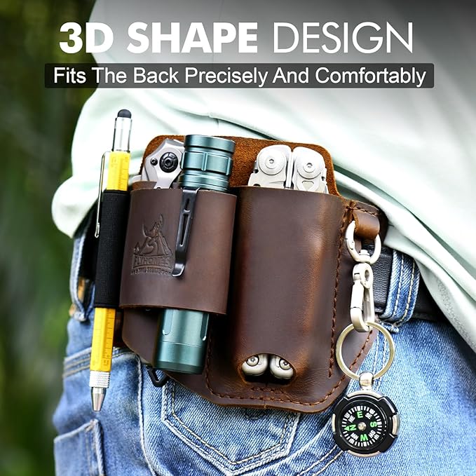 FLYHOMES Genuine Leather Multitool Sheath | Handmade Stitched EDC Belt Organizer for Leatherman Surge | Flashlight, Knife Holster, Pen & Tools Pouch | Dark Brown (Large)