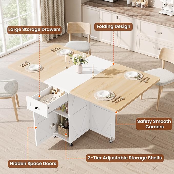 Jocoevol Space Saving Folding Dining Table for 4, Farmhouse Foldable Dining Table with Drawer and Storage Shelf, 6 Wheels Multipose Expandable Kitchen Drop Leaf Table for Small Space (Pear Wood White)