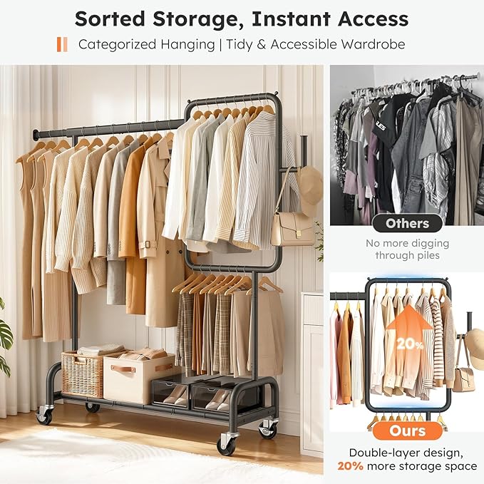 SOLEDI Heavy Duty Partitioned Clothes Rack, 600 LBS Load Metal Garment Rack with Shelves & Lockable Wheels, Rolling Hanging Rack for Bedroom, Laundry Room, Store & Garage (Black)