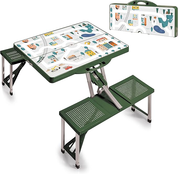 Picnic TIME Portable Folding Picnic Table with Seats for 4, Collapsible Aluminum Table with Benches & Umbrella Hole, Lightweight Foldable Table for Camping, Travel, Backyard, Tailgating | with Umbrella Hole