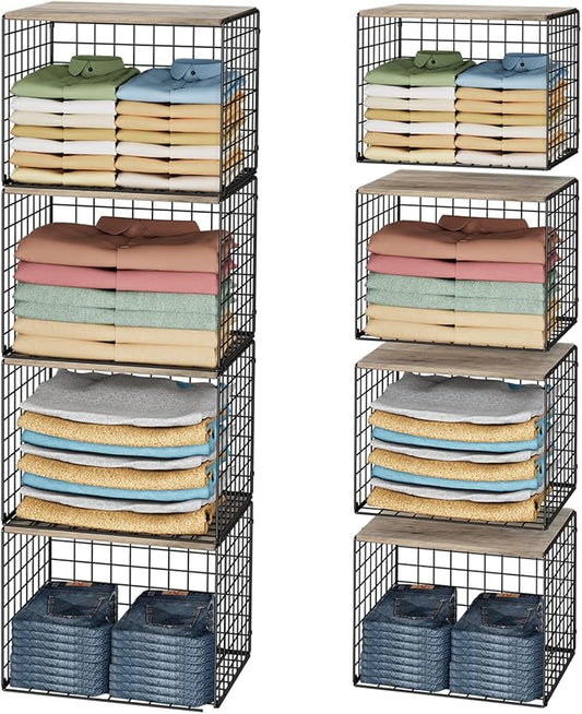 4PCS Wider Closet Organizers and Storage, Stackable Closet Shelf Organizer Storage Bins with Wood Top for Sweaters Jeans, Clothes Organizer Shelves for Wardrobe System Rack, Space-Saving,Sturdy Metal