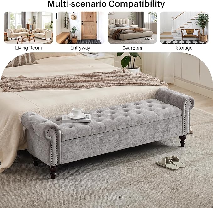 SOFTHION Storage Bench for Bedroom, 67" End of Bed Bench King Size, Upholstered Chenille Storage Ottoman with Tufted Cushioned Rolled Arm Large Storage Space for Living Room Entryway, Light Grey