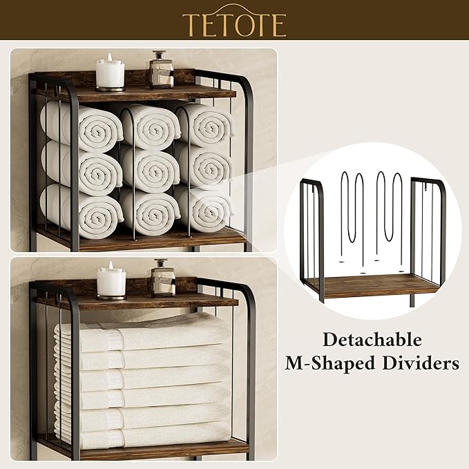 TETOTE Towel Rack for Bathroom 5-Tier Towel Holder with M-Shaped Detachable Dividers Hooks Bathroom Towel Storage Organizer, Rustic