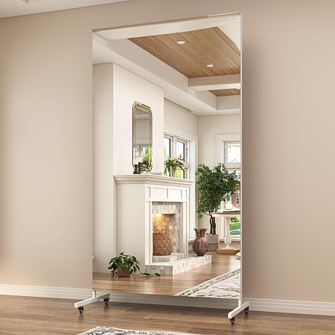 Hasipu Home Gym Mirror 360° Swivel on Wheels, 74.8" x 35.4" Extra Large Full Body Rolling Mirror for Yoga Studio, Bedroom, Dancing Studio, White