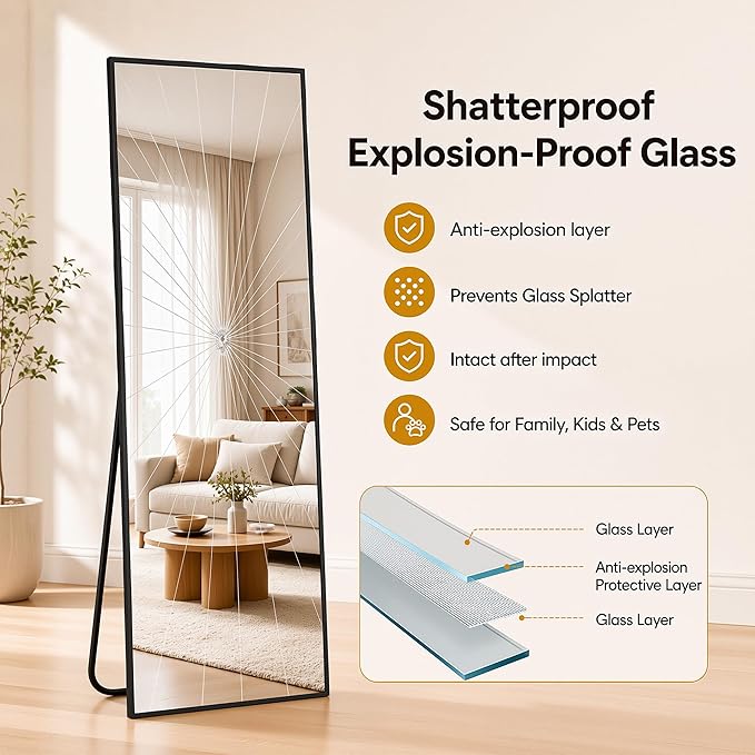 Antok Full Length Mirror, 71"x28" Floor Mirror with Stand, Hanging Mounted Mirrors for Bedroom, Living Room, Cloakroom, Dining Room, Black, Rect