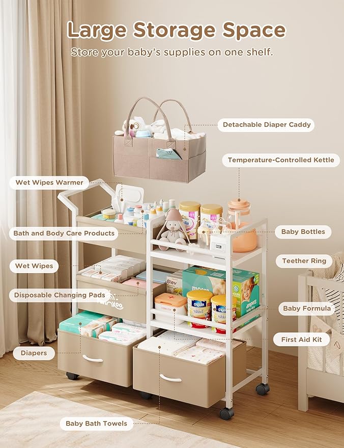 Twinkoo 2-in-1 Baby Diaper Caddy Organizer, 3 Tier Rolling Storage Cart with Dividers and Drawers, Baby Essentials for Nursery Storage, Mobile Utility Cart with Wheels Large Capacity Easy to Assemble