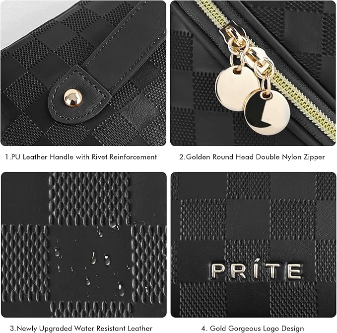 Prite Makeup Bag for Women Travel Waterproof Vegan Leather Cosmetic Bag Open Flat Toiletry Bag With Clear Divider and Handle (Plaid Black, Medium)