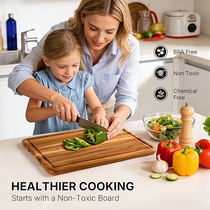 Teak Wood Cutting Board 17inch Wooden Chopping Board Non Slip Bamboo High-end Present Charcuterie Board Non Toxic Haus Over-Sink Christmas Xmas Birthday