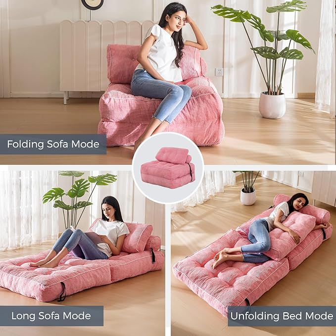 MAXYOYO Folding Sofa Bed, Convertible Chair with Pillow Foldable Couch with Back Support, Portable Fold Out Chair Bed Comfy Floor Sofa Lounge for Living Room Bedroom, Pink, Single
