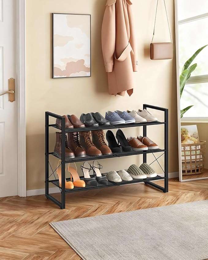CHOEZON Shoe Rack, 3-Tier Shoe Rack for Closet, Metal Shoe Storage Organizer, Shoe Rack for Entryway, Shoe Shelf with Adjustable Feets, for Entryway, Hallway, Living Room, Bedroom, Black TXJ13BB