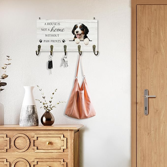 Bernedoodle Gifts Dog Key Holder for Wall 10"x5.12", Gifts for Bernedoodle Lovers Owners Key Hanger Wall Mount, Not A Home Without Paw Prints Dog Wooden Hanging Keys Holder Decor for Entryway