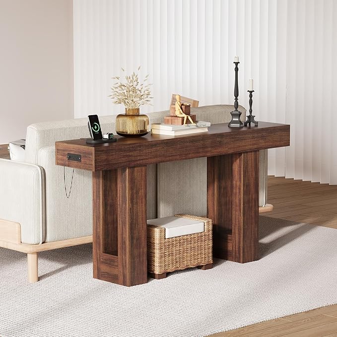 IDEALHOUSE 63" Entryway Table, Wood Console Table with Charging Station, Extra Long Sofa Table, Narrow Hallway Foyer Table for Entryway, Hallway, Living Room, Rustic Brown