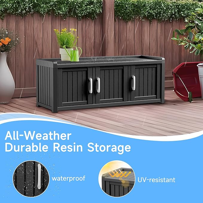 3 Doors Shoe Bench, Waterproof & UV-Resistant, Resin Shoe Cabinet Indoor & Outdoor Use, Entryway Bench with Adjustable Shelves & Hidden Storage Space for Bedroom, Hallway, Grey