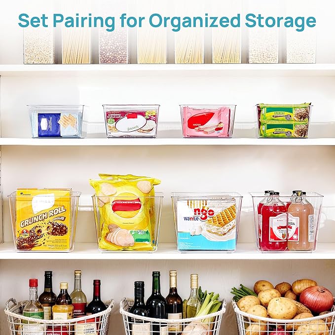 Vtopmart 4+4 Pack Clear Plastic Storage Bins Set, 4 Large Pantry Organizer Bins with Handle and 4 Medium 4-Compartment Food Storage Bins for Pantry, Kitchen, Fridge, Cabinet Organization