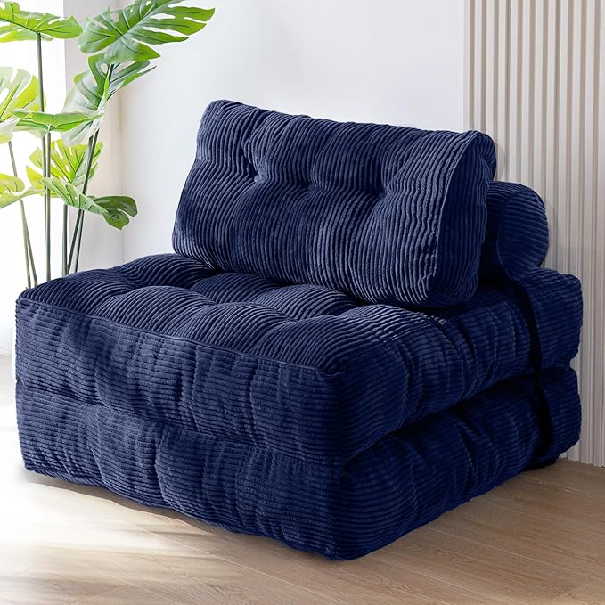 MAXYOYO Folding Sofa Bed, Convertible Chair with Pillow Foldable with Back Support, Portable Fold Out Chair Bed Comfy Floor Sofa Lounge for Living Room Bedroom, Navy, Single