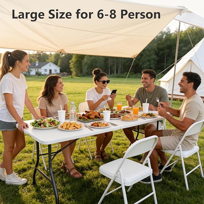 Folding Table 6 Pack, 6 FT Foldable Plastic Table with Carrying Handle, Heavy Duty Portable Fold-in-Half Utility Table for Party, Camping, Banquet, Craft, Wedding, Indoor & Outdoor Use