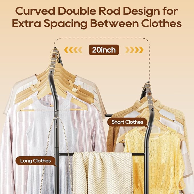 TigerParty Double Rods Clothes Rack for Hanging Clothes, Rolling Clothing Rack with Wheels, 6 Side Bars Freestanding Garment Racks for Bedroom Laundry Living Room