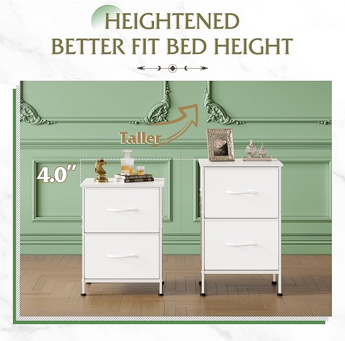 WLIVE White Night Stand, Small Dresser with 2 Drawers & Wooden Top, Nightstand with Fabric Bins, Bedside Table End Table for Bedroom, Closet, Entryway, College Dorm, White