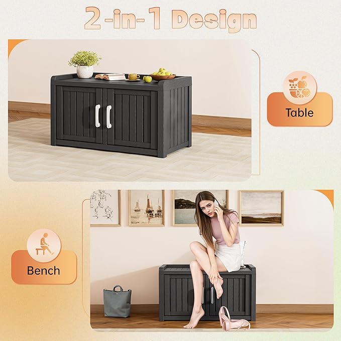 KAMABOKO Outdoor Shoe Storage Cabinet, Waterproof UV-Resistant Entryway Storage Bench Indoor Outdoor with 2 Barn Doors, Adjustable Shelves for Entryway, Bedroom, Hallway,Living Room(Jet Black)