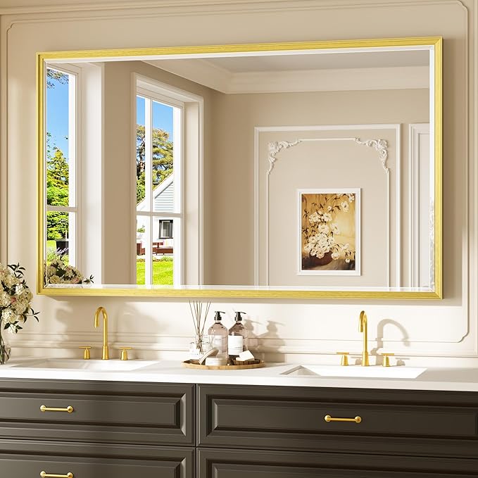 Keonjinn 60" x 36" Gold Bathroom Mirrors for Over Sink, Aluminum Alloy Framed Mirror, HD Tempered Glass with Beveled Edge, Shatterproof, Rustproof, Large Rectangle Brushed Gold Vanity Mirror for Wall