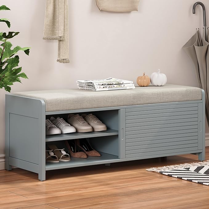 LUMISOL Shoe Bench with Storage and Cushion, Farmhouse Distressed Shutter Storage Bench with Retro Charm for Living Room, Entryway, Grey