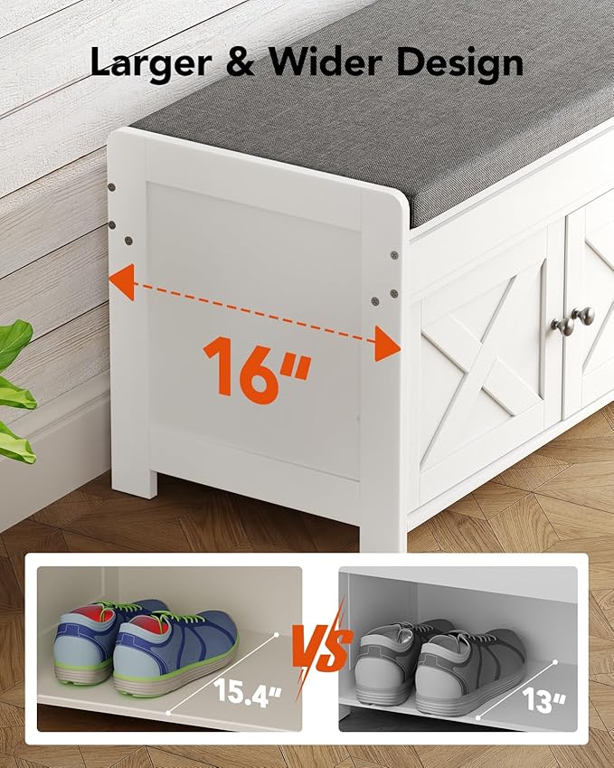 Pipishell Shoe Storage Bench, 2-Tier Shoe Bench with Cushioned Seat, Entryway Bench with Adjustable Shelf & Barn Doors, 300 lbs Capacity, 39.4" x 15" x 18", for Entryway, Bedroom, Living Room, White