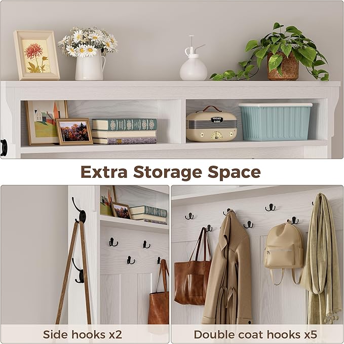 IRONCK Hall Tree with Bench and Shoe Storage, 6-in-1 Entryway Bench with Coat Rack, Adjustable Shelf, Hanging Hooks, 11 Shoe Cubbies, 2-Tier Top Storage, for Entryway, Bedroom, Living Room, White