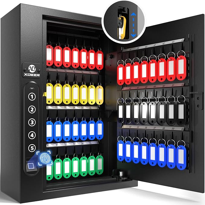 XDeer 60-Key Biometric Key Lock Box, Key Holder Wall Mount with Anti-Theft Key Slot and Combo Lock, Key Organizer Cabinet with Key Tags for Hotels & Offices 1PCS