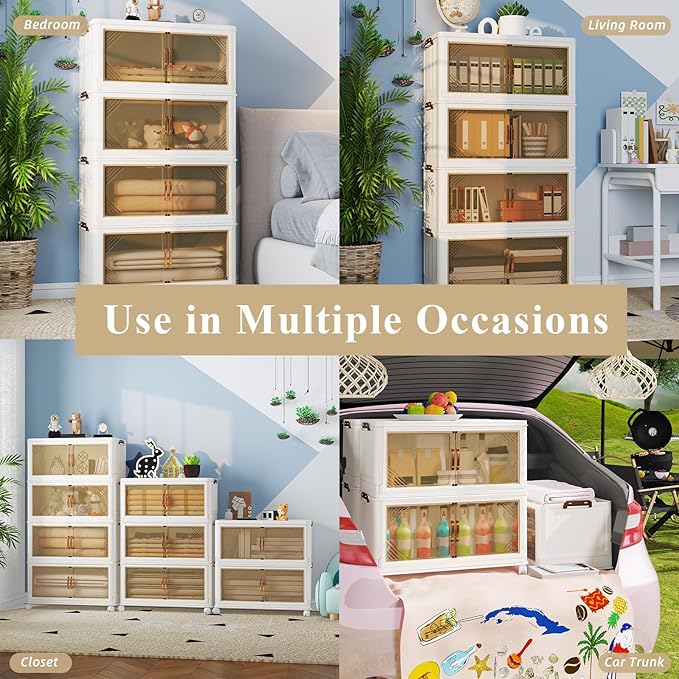Storage Bins with Lid, 111 Gal/444 Qt, 4 Pack Large Stackable Storage Bins with Lid, White Collapsible Storage Bins with Wheels, Foldable, Customizable, for Home Office Organization