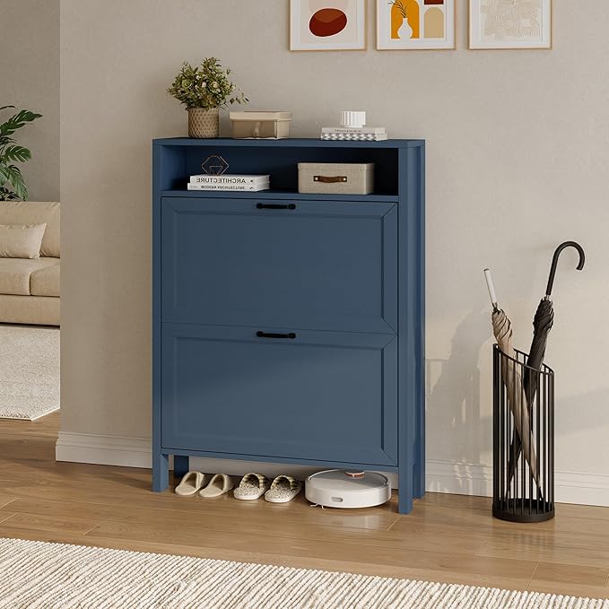 LOUVIXA Shoe Cabinet with 2 Flip Drawers, Narrow Shoe Storage Cabinet, Freestanding Shoe Cabinet Organizer, Hidden Shoe Rack Cabinet for Entryway, Hallway (2-Drawers, Blue)
