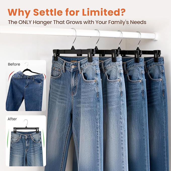 HOUSE DAY Black Pants Hangers 50 Pack, 12 Inch Skirt Hangers with Non-Slip Big Clips and 360° Swivel Hook, Heavy Duty Slim Plastic Pant Hanger, Space Saving Clip Hanger for Pants, Skirts, Shorts