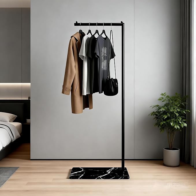 Black Clothing Rack with Marble Base,Freestanding Garment Rack for Hanging Clothes,Modern Coat Rack, Minimalist Clothes Rack for Small Spaces,Bedroom,Entryway,Boutique Display
