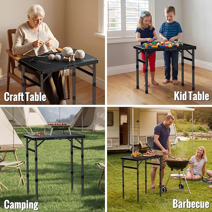 GARLLEN Folding Camping Table with Waterproof Plastic Tabletop, Portable Folding Picnic Table with 3-Adjustable Height, Aluminum Frame Outdoor Table for BBQ, Camping, Indoor Use, 22.8" L x 15.7" W