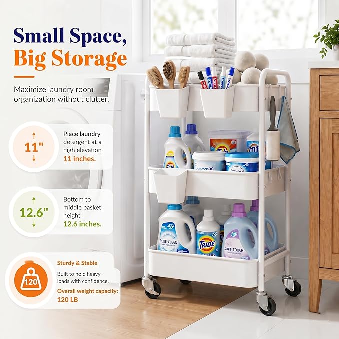3 Tier Rolling Cart Metal with Wheels, White Three Tiered Craft Cart Organizer on Wheels, Storage Utility Carts for Art, Baby Nursery,Diaper Caddy, Cleaning Supplies, Nail,Lash,Snack,Book,Roller Shelf