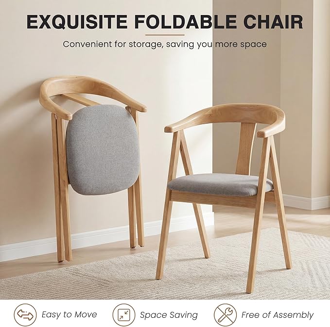 HNY Wooden Folding Chair with Cushion Set of 4, Chenille Foldable Dining Chairs Lightweight Folding Event Chair, Portable Space-Saving Accent Chair for Kitchen Dining Living Room Small Spaces, Grey