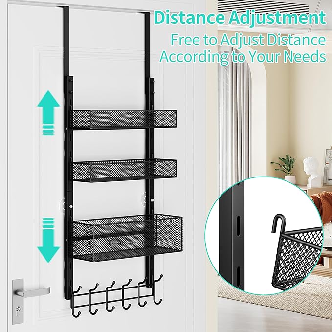 HapiRm Over The Door Hanger with Coat Hooks and 3 Baskets, Rustproof Over The Door Hooks, Storage Organizer for Hats, Towels - Black