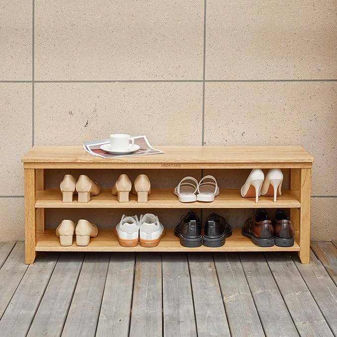 Shoe Rack Storage Bench, 2-Tier Solid Wood Heavy Duty Shoe Organizer Shelf for Entryway, Hallway, Mudroom, Living Room,Bedroom (Natural, 11.81"x 45.7"x 16.54")