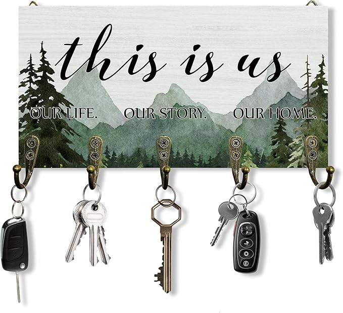 This is us Decor Key Holder for Wall 10"x5.12", Inspiration Sign Key Hanger Wall Mount, Family Quotes Rustic Forest Mountain Wooden Hanging Keys Holder Decor for Entryway Front Door（5 Hooks）