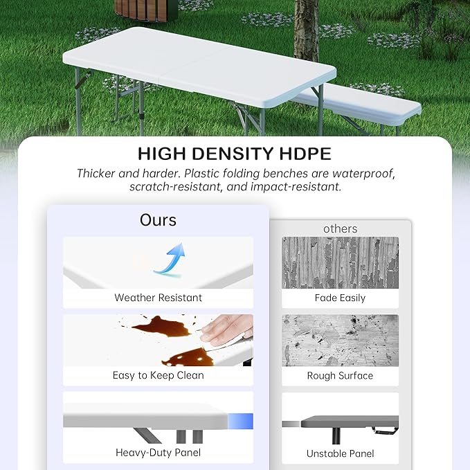 VSOAEIL Folding Table 4 Foot for Indoor Outdoor, Portable Heavy Duty Fold-in-Half Utility Small Plastic Adjustable Height Folding with Carrying Handle for Picnic and Party, White
