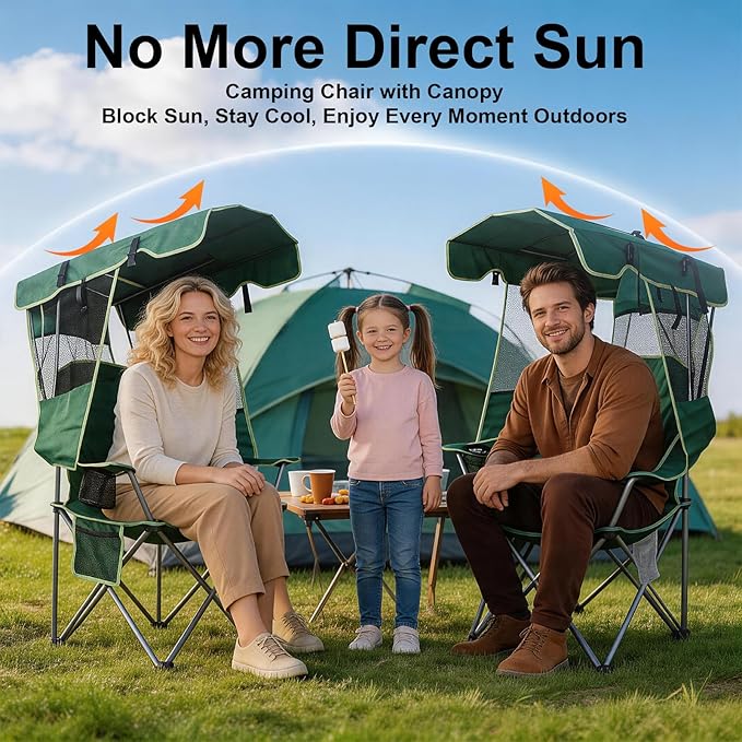 Romswi Folding Canopy Beach Camping Chairs for Adult 2 Pack, Portable Outdoor Chairs with Sunshade,Cup Holder & Side Pocket for Camping, Fishing, Beach, Backyard, Green