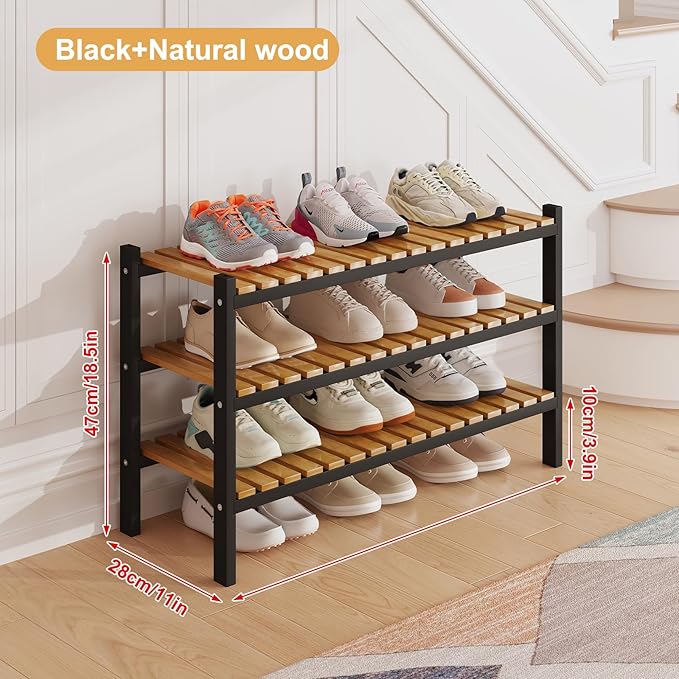 Bamboo Shoe Rack Organizer for Closet and Entryway - Space-Saving Narrow Shoe Stand - Versatile Shoe Holder for Door or Closet Shelf, Garage Bedroom can Freely Stack DIY Small Shoe Racks 3 Tier