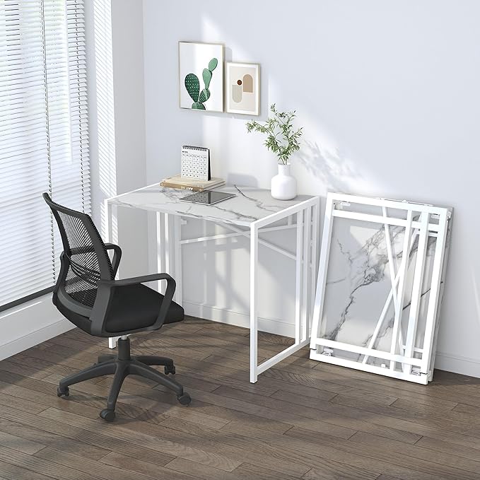 Lutown-Teen 32 inch Folding Small Desk, Writing Gaming Computer Camping Desk for Small Spaces, No Assembly Required Home Office Desk, White Marble