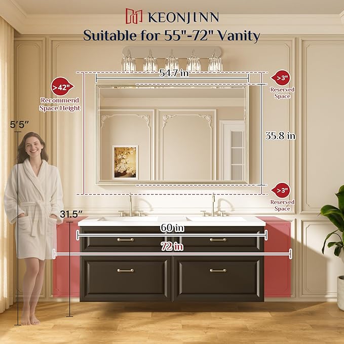 Keonjinn 55" x 36" Brushed Nickel Bathroom Vanity Mirror, Safe Tempered Glass with Beveled Edge, Aluminum Alloy Frame Square Corner, Anti-Rust, Large Rectangular Silver Bathroom Mirrors for Over Sink