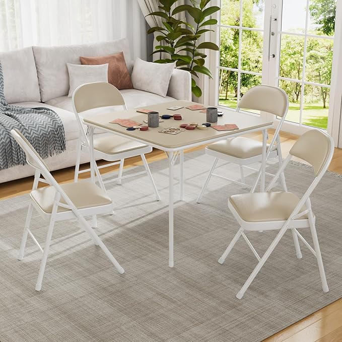VECELO 5-Piece Folding Card Table Square and Chair Set with Collapsible Legs & Vinyl Upholstery,Portable for Indoor & Outdoor, Beige