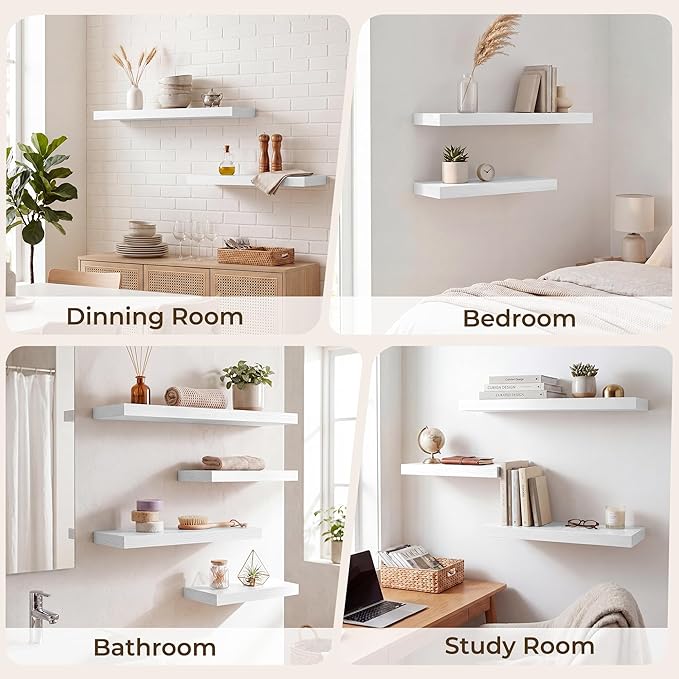 RICHFOCUS 28Inch Floating Shelves for Wall 2 Pack Shelves for Bedroom|Kitchen|Bathroom|Laundry Room Rustic Wood Wall Mounted Shelf with Invisible Brackets for Books|Storage|Decor, White