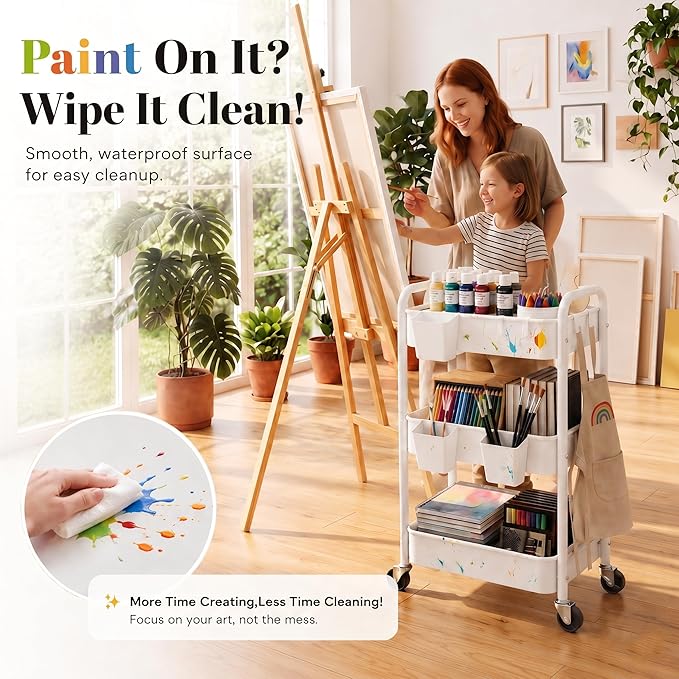 3 Tier Rolling Cart Metal with Wheels, White Three Tiered Craft Cart Organizer on Wheels, Storage Utility Carts for Art, Baby Nursery,Diaper Caddy, Cleaning Supplies, Nail,Lash,Snack,Book,Roller Shelf