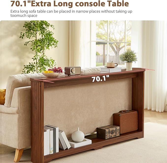 70" Extra Long Narrow Console Table, Fluted-Side Sofa Table with Open Shelf, Entryway/Hallway/Living Room Console – Walnut