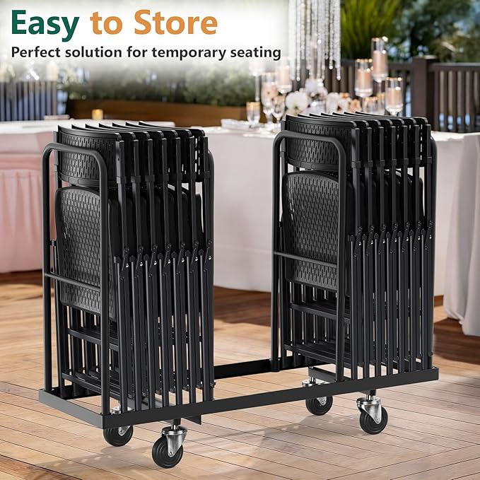 4-Pack Black Folding Chairs, Mesh Plastic Seat with Steel Frame, 400 lbs Capacity, Non-Slip Pads, Easy Clean for Indoor/Outdoor Weddings, Patios & Card Tables