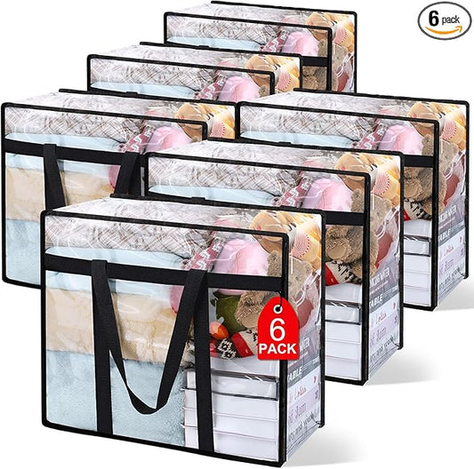 6Pack Clear Blanket Storage Bags, Vinyl Comforter Clothes Storage Closet Organizers and Storage Containers Moving Bags with Reinforced Handle for Bedding, Clothing, Comforters, Pillows, Toys,40L