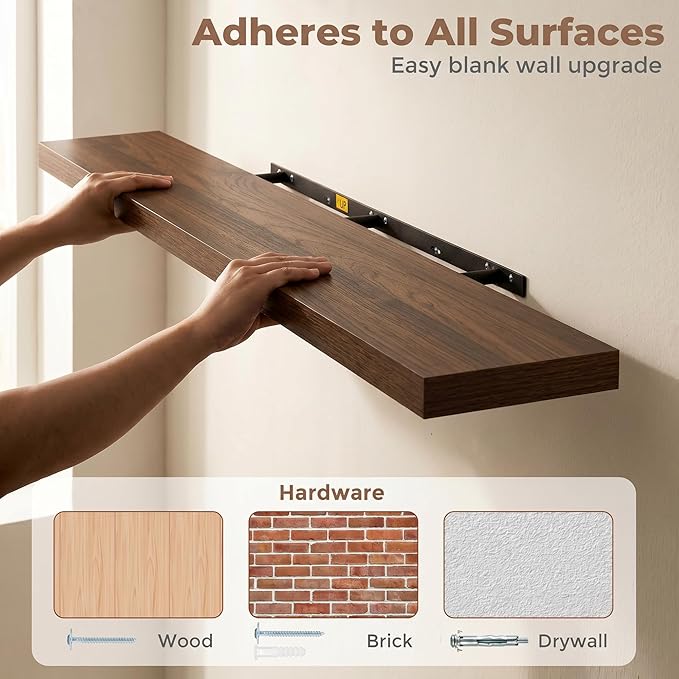 Venusmiles Floating Shelves for Wall, 72 Inch Floating Shelves Set of 1, 6.5" D Wooden Wall Mounted Display Shelves with Invisible Brackets for Living Room, Bedroom, Bathroom, Kitchen Decor, Walnut